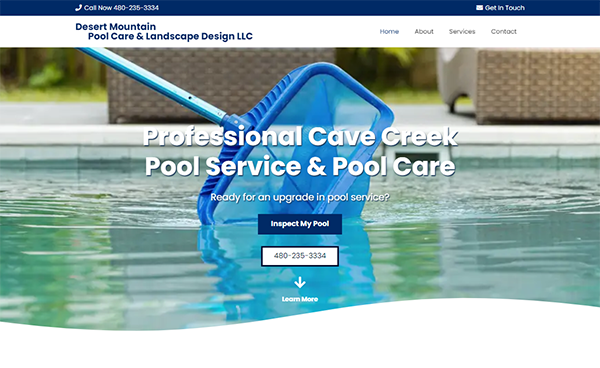 A website for Desert Mountain Pool Care & Landscape Design LLC featuring a pool cleaning service with contact information and service inspection options.