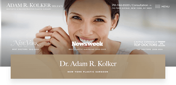 Website banner for Dr. Adam R. Kolker, a New York plastic surgeon, featuring awards from "Newsweek" and "Castle Connolly Top Doctors". Contact information and consultation details are provided.