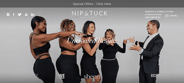 A group of five people in black attire smiling and gesturing. Text at the top promotes special offers, and a phone number is given for consultation. The business name "NIP & TUCK" is prominently displayed.