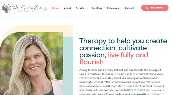 Website screenshot featuring a therapist's profile, displaying a photo of a smiling woman on the left and text about therapy services on the right. Contact information and navigation links are visible at the top.