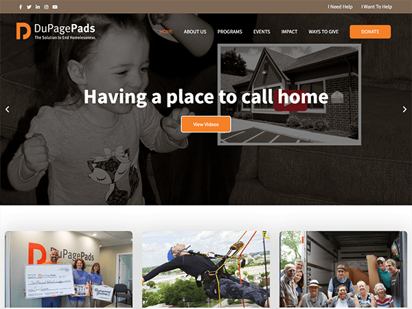 Screenshot of DuPagePads website, featuring a boy with the text "Having a place to call home," navigation menu, and sections for support programs, events, impact, and ways to give. This highlights their homeless services in DuPage County.