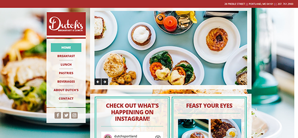 Screenshot of Dutch's Breakfast & Lunch webpage showing images of food, a header with the restaurant logo, a menu sidebar, social media links, and a feature highlighting their Instagram feed.