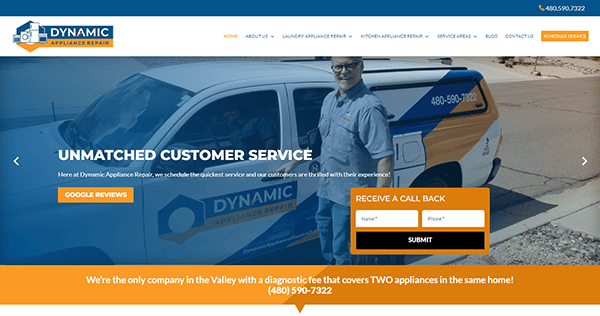 Landing page for Dynamic Appliance Repair featuring a technician standing next to a branded service van. The page highlights "Unmatched Customer Service" and includes a form to request a call back.