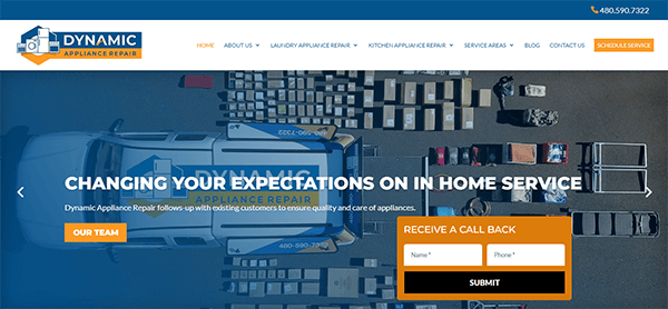 Website homepage of Dynamic Appliance Repair showing a top-down view of an appliance repair vehicle with boxes and tools, along with service information and a form for requesting a call back.