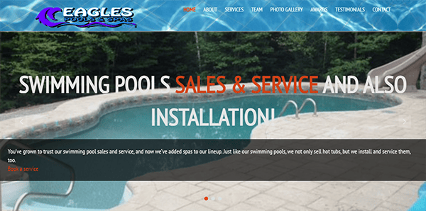 Website homepage of Eagles Pools & Spas, showcasing their services in swimming pool sales, service, and installation, featuring a clean swimming pool with a ladder and text emphasizing sales and service.