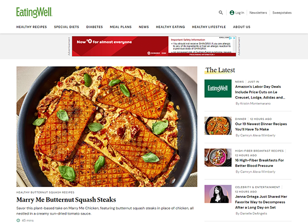 A webpage featuring a recipe for "Marry Me Butternut Squash Steaks" with a photo of the dish, an advertising banner, and links to various articles on the right sidebar.