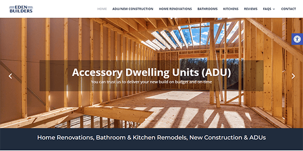 Website homepage for Eden Builders showcasing a construction of an accessory dwelling unit (ADU). The image highlights wooden framing under construction with sunlight filtering through.