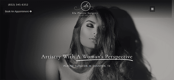 Promotional image for Ela Plastic Surgery with a monochrome photo of a woman and text highlighting "Artistry With A Woman's Perspective" and contact details.