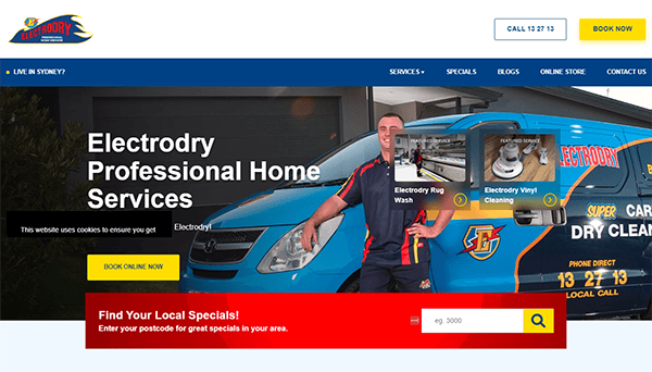 Screenshot of Electrodry's website showing professional home services, including rug wash and vinyl cleaning. The page features a "Book Online Now" button and a search box for local specials.