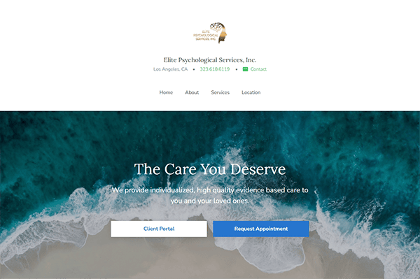 Screenshot of a website homepage for Elite Psychological Services, Inc., showing contact information, service options, and buttons for "Client Portal" and "Request Appointment" over a beach background.