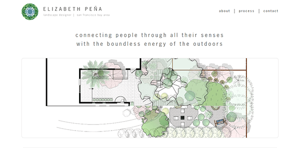 Elizabeth Peña's landscape design website homepage with an architectural layout of a garden and the tagline "connecting people through all their senses with the boundless energy of the outdoors".