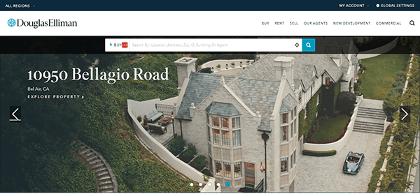 Webpage displaying a luxury real estate property at 10950 Bellagio Road, Bel-Air, CA, featuring a large mansion and a driveway with a parked car. Site navigation includes options to buy, sell, and explore.