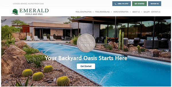 Screenshot of the home page for Emerald Pools and Spas, featuring a modern backyard pool with the text "Your Backyard Oasis Starts Here," and buttons for "Get Started" and contact information.