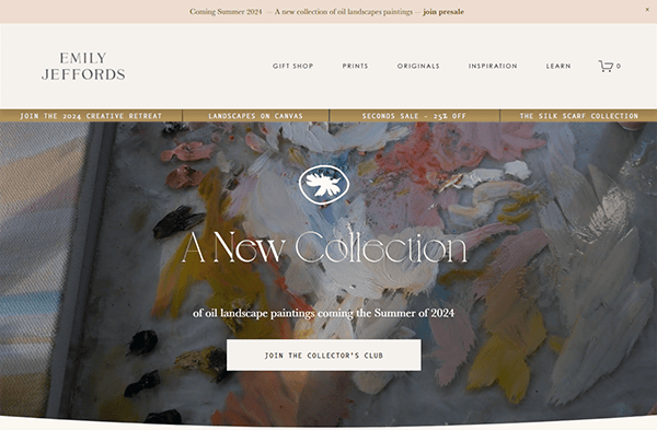 Website announcing a new collection of oil landscape paintings coming in Summer 2024 with options to join the collector's club and shop sections visible.