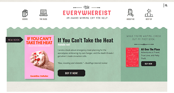 Website promoting the book "If You Can't Take the Heat" with a cover image featuring a hand holding cinnamon rolls. Two book sections are visible: "If You Can't Take the Heat" and "All Over the Place.