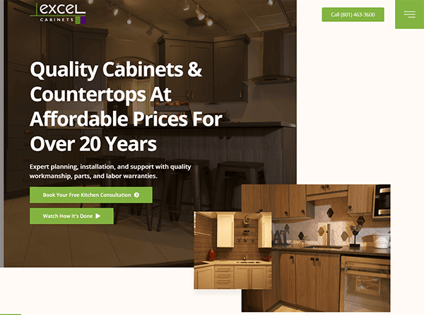 Website for Excel Cabinets showcasing quality cabinets and countertops, offering over 20 years of experience. Features a consultation booking button and video link. Includes images of kitchen interiors.