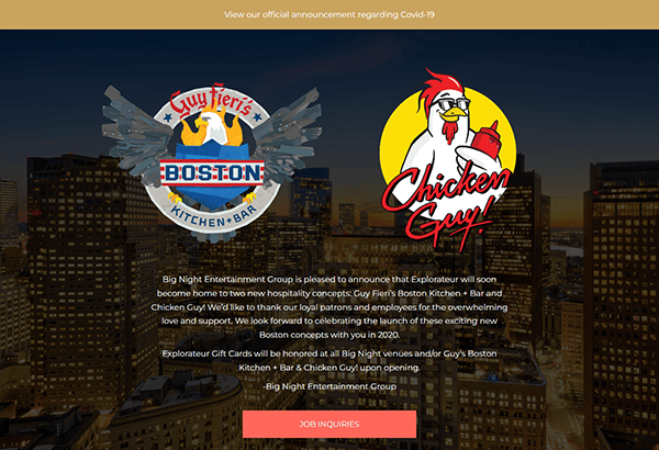 Website announcement by Big Night Entertainment Group about the opening of Guy Fieri's Boston Kitchen + Bar and Chicken Guy! above a cityscape background. There is a call-to-action button labeled "Job Inquiries.