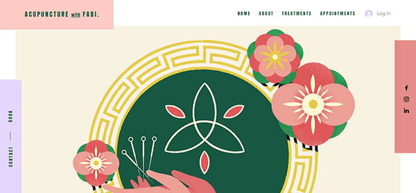 Illustration of acupuncture needles and floral patterns on a website for an acupuncture practice. Navigation links include Home, About, Treatments, and Appointments. Social media icons on the right.