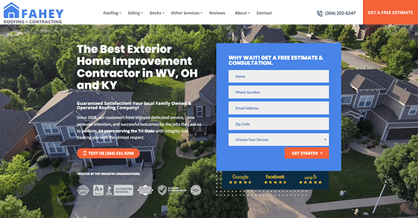 Aerial view of suburban homes with a Fahey Roofing ad overlay stating "The Best Exterior Home Improvement Contractor in WV, OH, and KY." Includes a form for a free estimate and consultation. Discover why Fahey leads among the best commercial roofing websites today.