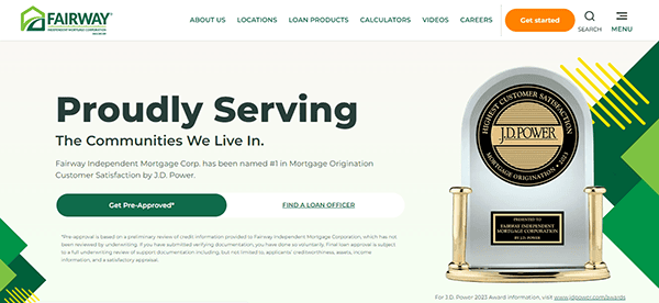 Fairway Independent Mortgage Corp.'s website homepage features a J.D. Power award and a "Proudly Serving The Communities We Live In" statement, including buttons for getting pre-approved and finding a loan officer.