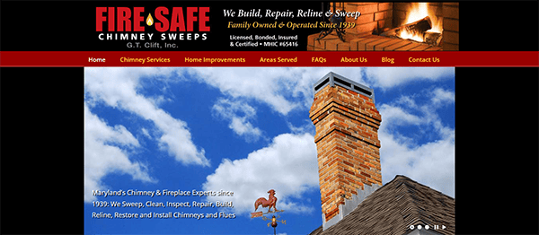 Homepage of Fire Safe Chimney Sweeps, featuring their services of building, repairing, relining, and sweeping chimneys. The banner emphasizes their experience and family ownership since 1993.