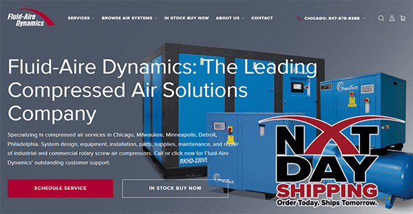 Fluid-Aire Dynamics website homepage showing compressed air systems and highlighting next-day shipping service.