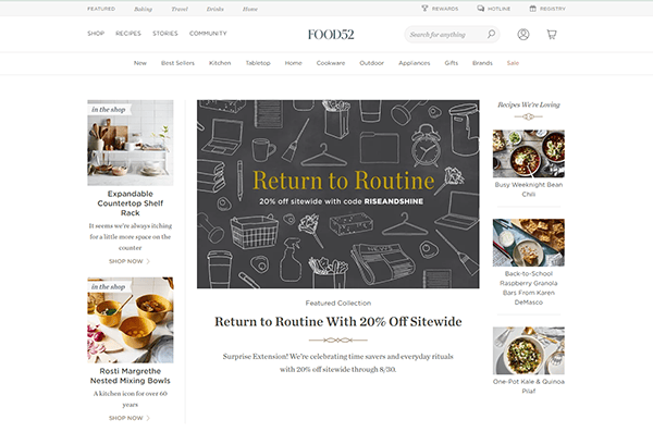 Screenshot of the Food52 webpage featuring a "Return to Routine" sale with 20% off sitewide using code RISEANDSHINE. The page also highlights popular recipes and kitchen products.