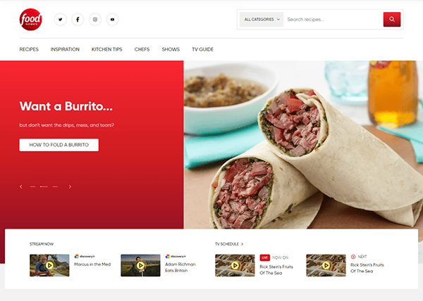 A website with a red banner asking "Want a Burrito... but don't want the drip, mess, and tears? HOW TO FOLD A BURRITO" and an image of two burritos on the right. A TV schedule is shown below.