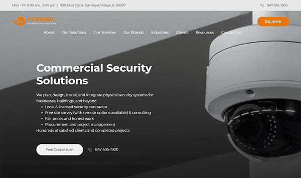 A webpage for Forbel highlighting "Commercial Security Solutions" with a security camera image on the right and navigation options on top. Contact details and a button for a free consultation are visible.