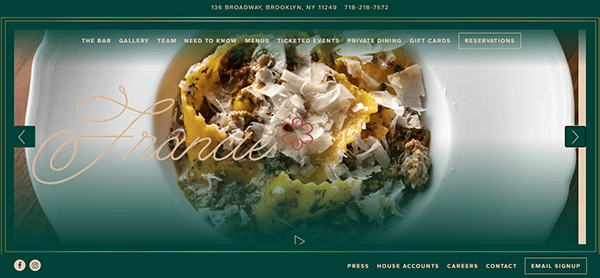 A plate of food with pasta topped with cheese. The word "Francie" is overlaid on the image. The website menu includes options like "The Bar," "Gallery," "Team," "Need to Know," "Menus," and others.