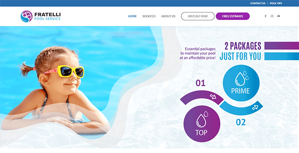 A young child wearing sunglasses in a pool. Text on the right promotes Fratelli Pool Service's two package options, labeled "Prime" and "Top.