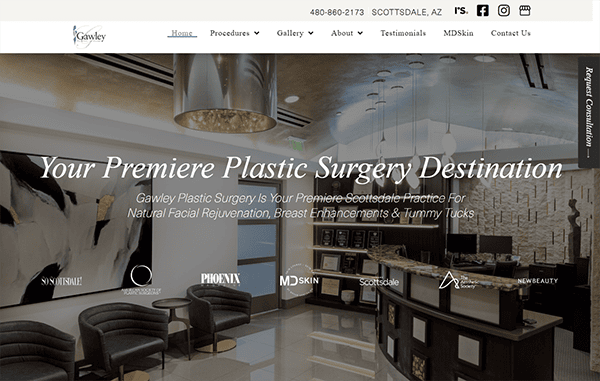 Website homepage of Gawley Plastic Surgery featuring information about their services including facial rejuvenation, breast enhancements, and tummy tucks, with contact details and a banner image of the clinic.