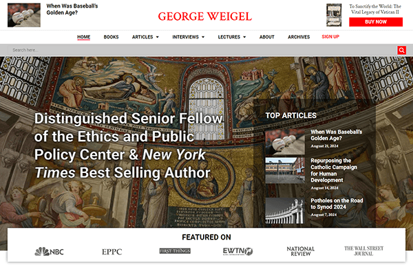 A website homepage featuring George Weigel, with navigation links and highlighted articles. The background shows an ornate mural. The site showcases publications and media features.