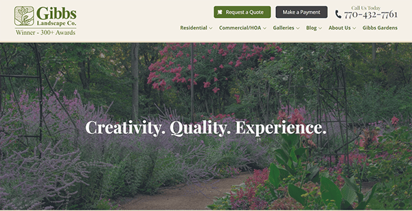 Screenshot of Gibbs Landscape Co. website homepage featuring a lush garden background and the tagline "Creativity. Quality. Experience." Contact number and options to request a quote or make a payment are visible.