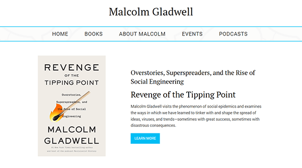 Screenshot of Malcolm Gladwell's website featuring his book "Revenge of the Tipping Point" with a brief description and a "Learn More" button.