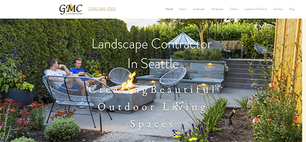 Outdoor living area with plants, modern furniture, and a firepit. Three people are sitting and conversing. Text overlay: "Landscape Contractor In Seattle: Creating Beautiful Outdoor Living Spaces.