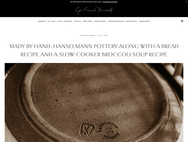 Close-up of the base of a Hanselmann Pottery item with text above detailing a blog post titled "Mady by Hand - Hanselmann Pottery - Along with a Bread Recipe and a Slow Cooker Broccoli Soup Recipe.