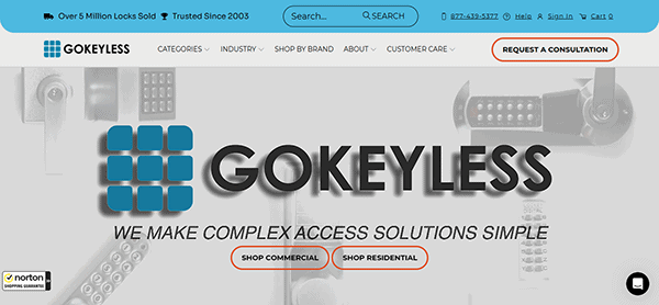 Explore the Gokeyless homepage, one of the best locksmith websites, featuring seamless navigation links, a consultation request button, and options to shop commercial or residential access solutions. Our logo and tagline are displayed prominently for easy recognition.