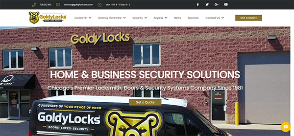 Screenshot of the Goldy Locks website homepage displaying their logo, tagline, and a van with branded graphics parked in front of their office building. Contact information and navigation menu are visible at the top.