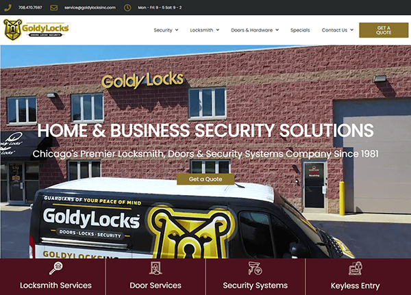 Goldy Locks website screenshot showcases a locksmith van and building, emphasizing top-notch home and business security solutions in Chicago since 1981. Explore our comprehensive menu options. Discover why it's one of the best locksmith websites around!.