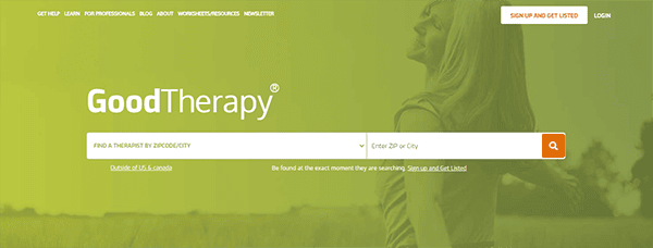 The image displays the homepage of GoodTherapy, a website for finding therapists. The search bar allows users to enter a city or ZIP code to find therapy services nearby. Options to sign up and log in are available.