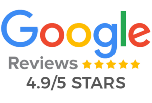 Google Reviews logo with five yellow stars and a rating of 4.9 out of 5 stars.