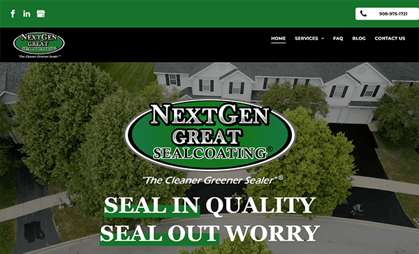 Screenshot of NextGen Great Sealcoating's website homepage showing the company's logo, tagline, and a residential neighborhood with freshly sealed driveways. Links to social media and contact number are visible.