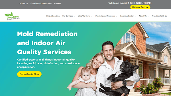 Promotional image for Green Home Solutions. Text reads "Mold Remediation and Indoor Air Quality Services" with a family and a dog in front of a house. Call-to-action button says "Get a Quote Now.