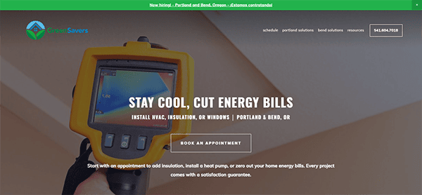 A handheld thermal imaging device is displayed on the Green Savers website, promoting energy-efficient home installations for HVAC, insulation, and windows in Portland and Bend, Oregon.