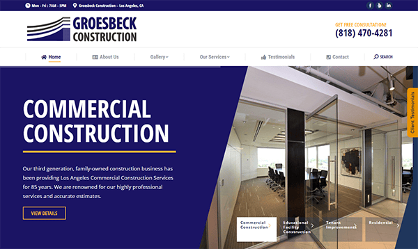 Homepage of Groesbeck Construction showcasing commercial construction services with options to view details, testimonials, and contact for a free consultation at (818) 470-4281. Office interior view is included.