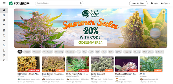 Screenshot of the Growdiaries homepage featuring a Royal Queen Seeds summer sale banner offering 20% off with code GDSUMMER24. Below are various cannabis plant images and navigation options.