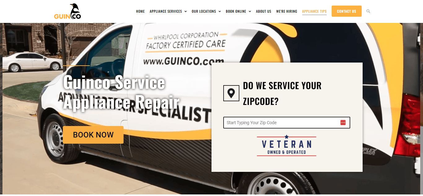 Image of the Guinco Service Appliance Repair website homepage displaying a branded service van and a feature for checking service availability by entering a zip code.