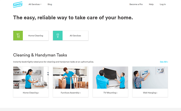 A website homepage showcasing services such as home cleaning, furniture assembly, TV mounting, and wall hanging. Four images depict professionals performing these tasks.