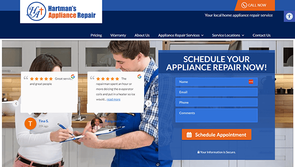 Screenshot of Hartman's Appliance Repair website showing customer reviews, contact form, and "Schedule Your Appliance Repair Now!" message. A technician is assisting a person with a clipboard.